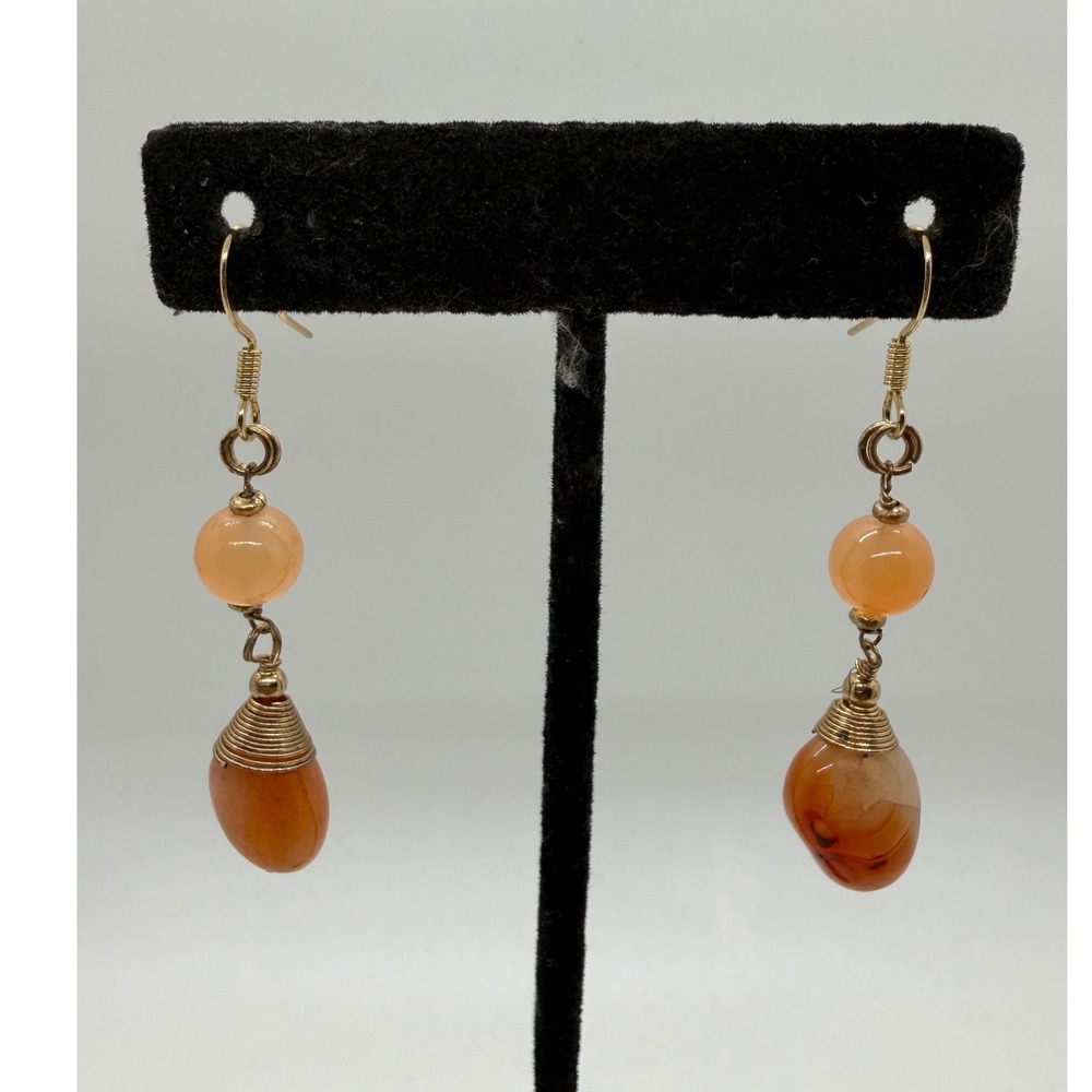 Handmade Carnelian Drop Earrings Gold Tone Wire Wrapped Orange Stone Dangle